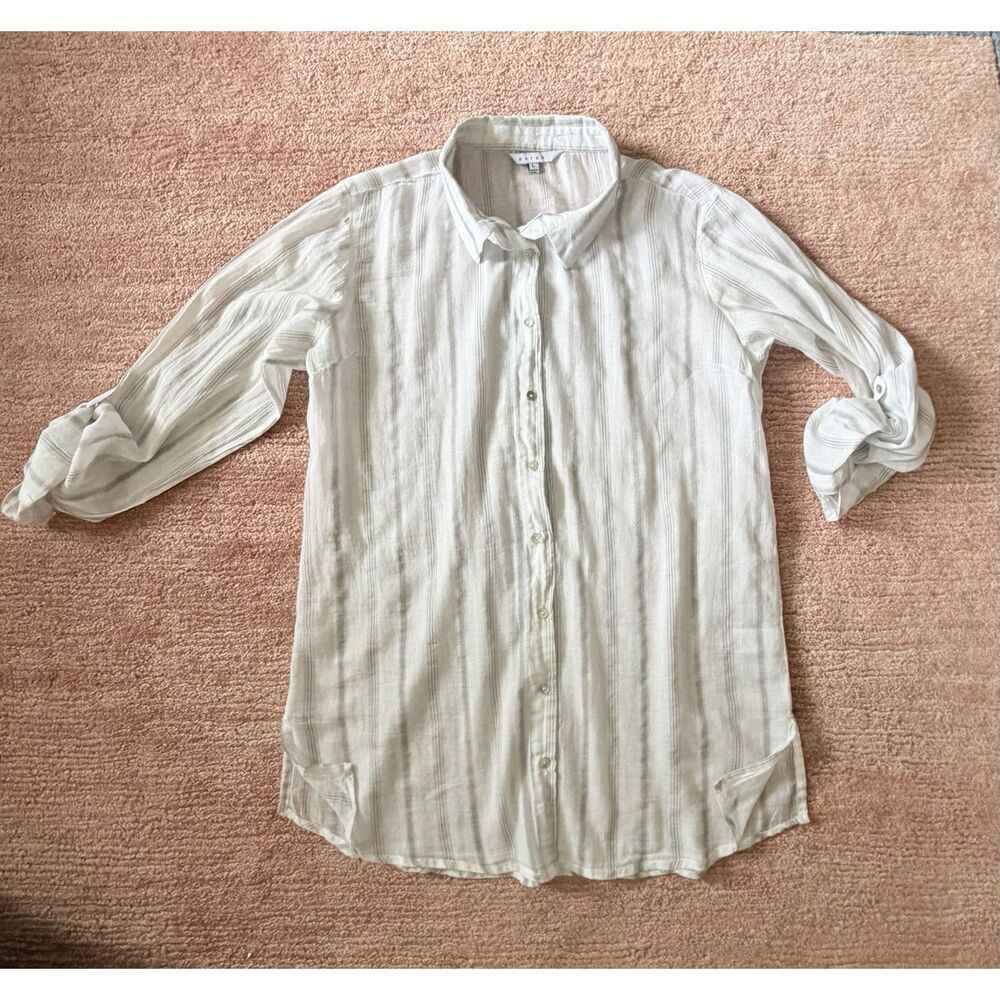 Norah Women’s L Beige Striped Button Up Shirt 100% Cotton Roll Tab Sleeves